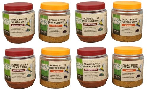 8X 340g Vogelfutter Frucht Erdnussbutter für Gartenvögel Wildvogelfutter Vögel PET-Glas Fettfutter Rosinen Heidelbeere (936/8)