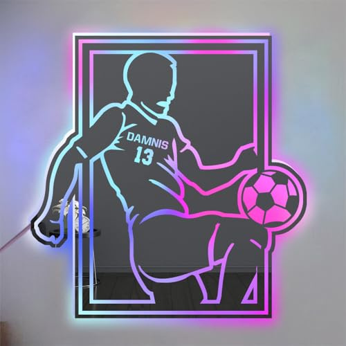 Personalisierte Fußball Spieler LED Spiegel Licht Up Zeichen, benutzerdefinierter Name für Zahl Fußball Wand Kunst Neon Licht, Weihnachten Geburtstag Fußball Kinder Geschenk