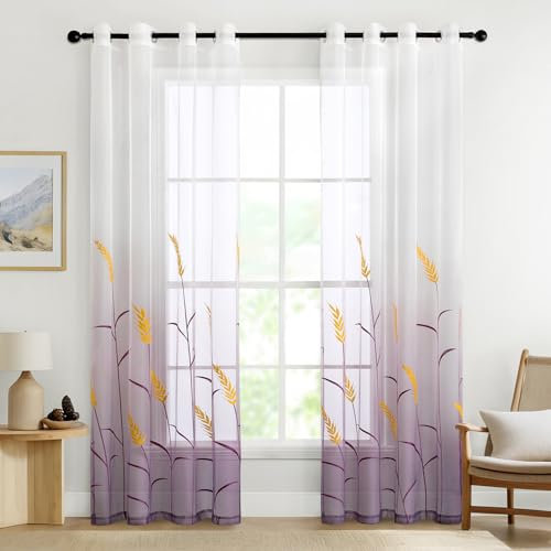 MIULEE Gardinen Bestickte Transparent Vorhänge Farbverlauf Voile Sheer 2er Set Motive Vorhang mit Ösen Dekoschal Fensterschal für Schlafzimmer und Wohnzimmer 225 cm x 140 cm(H x B) Lila
