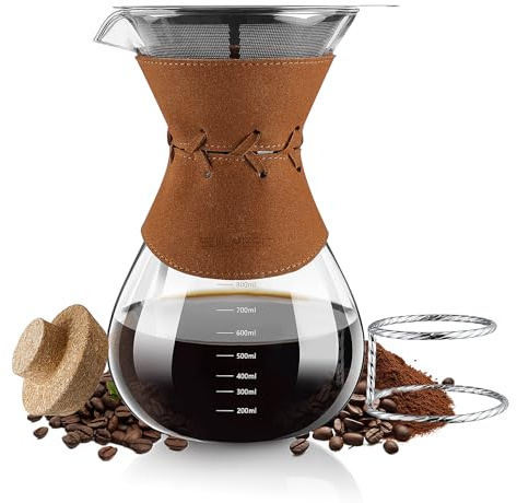 Pour Over Coffee Maker with Double-Layer Stainless Steel Filter - 27 oz Pour Over Coffee Dripper with Leather Collar, Heat Resistant 5 Cups Glass Coffee Carafe with Cork Lid for Hand Brewing Lovers