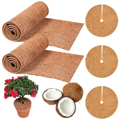 NAVESO 2 Rolle Kokosmatte Winterschutz 100 * 30cm und 3 Stück Kokosmatte Pflanzen Rund 20cm, Kübelabdeckung Pflanzenschutz Winter, Kokosscheibe Kokosfasermatte für Kübelpflanzen, Unkrautschutzmatte