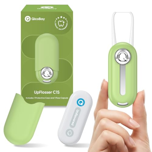 QicoBay UpFlosser C1S Reusable Auto-Restringing Flosser with Replaceable Floss Capsule, Quick & Deep Clean, Portable On-The-Go Flosser, Recyclable Zero-Waste Design, Unflavored(Reef Green)