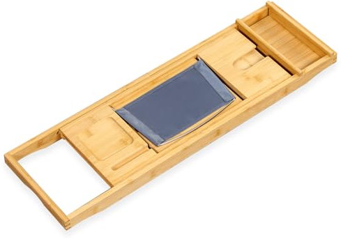 KARAT - Plateau Baignoire antidérapant - Tablette de Baignoire en Bambou - Planche de Baignoire réglable avec Support pour Livre - Pont de Baignoire Extensible - Oklahoma 22 x 74,5-114 cm