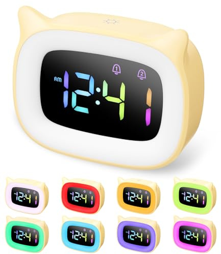 PERMUST LED Kinderwecker mit Einstellbarer Helligkeit,18 Klingeltöne,4 Modi | Licht Snooze-Modus und USB-Ladeanschluss - Einfache Installation