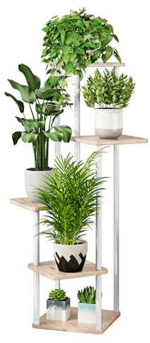 nabbi Blumenständer - Deko Pflanzenständer - Metall mit Holzoptik - Pflanzenregal/Blumenregal - Wohnzimmer, Schlafzimmer - Blumentreppe für innen, Pflanzentreppe - Hoch, Mehrstöckig, Weiß -Adite