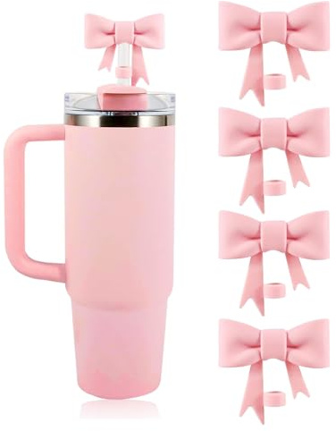 YONEEKSS 4 Pcs Bow Straw Covers Cap, 10mm Reusable Silicone Straw Toppers for Stanley Cups Straw Accessories, Straw Covers Cap Toppers Compatible with Stanley 30&40 oz Tumbler Cups (Pink)