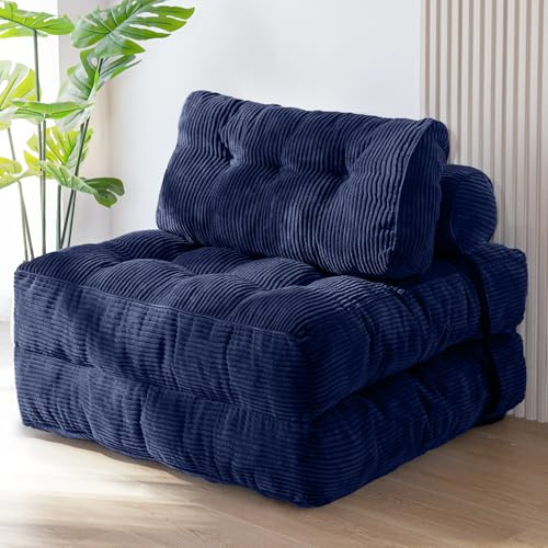 MAXYOYO Sofá cama plegable convertible, cojín, colchón con soporte para la espalda, silla portátil, cómodo para el suelo, para sala de estar y dormitorio, azul marino