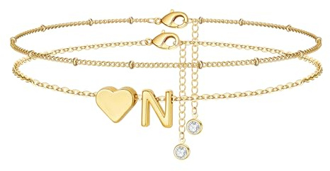 TINGN Fußkettchen für Damen, 14K Gold Vergoldete Herz Fußkettchen Damen Gold Layered Buchstaben N Fussketten für Frauen Wasserfest Sommer Strand Fußschmuck Geschenke für Frau Frauen Teenager Mädchen