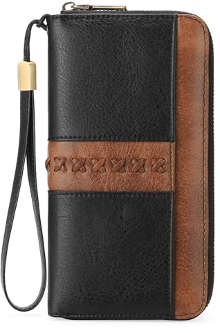 GOIACII Geldbörse Damen Groß Vintage Leder Portmonee RFID Schutz Portemonnaie Frauen mit 12 Kartenfächer Schwarz-Braun