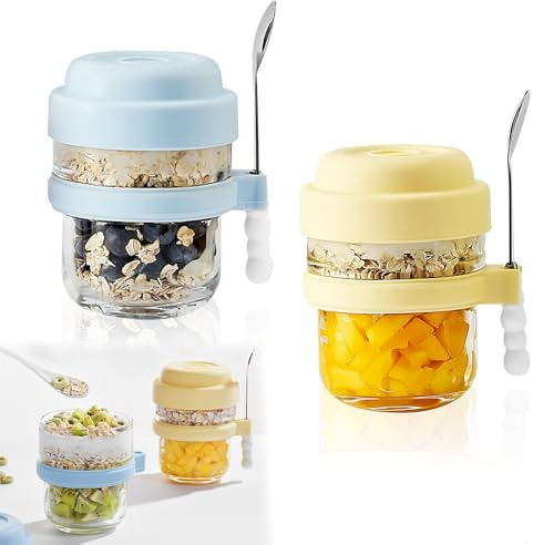 2 Piezas Overnight Oats Jars, Tarros de Cristal con Tapa y Cuchara, 440ml Tarros de Avena,Reutilizables Recipientes Herméticos Para Alimentos,Tarros de Avena Nocturna para Yogur,Fruta,Cereales,Gachas