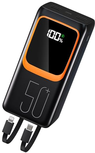 50000mAh Power Bank with Built-in Cable: 22.5W Fast Charging External Battery with Large Capacity, Portable Charger with LED Flashlight and 7 Outputs & 3 Inputs-Black