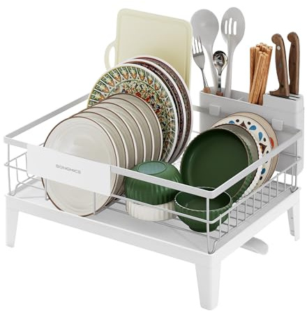 SONGMICS Égouttoir à Vaisselle, Organisateur de Plan de Travail, Bec Rotatif à 360° et Extensible, Bac d’Égouttement, Porte-Couverts, 31 x 42 x 18,5 cm, Blanc Nuage KCS550WG01