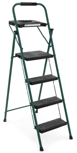 COSTWAY 4 Step Ladder, Folding Anti Slip Stepladder with Tool Tray, Safe Buckle and Padded Handgrip, 150kg Capacity Portable Safety Household Ladder Stool (51 x 79 x 145cm, Black+Green)