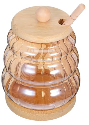 BIUDECO Frasco de Vidrio para Miel Grande con Tapa de Bambú y Agitador Envase Hermético de Vidrio para Almacenamiento de Miel Mermeladas y Jarabes Recipiente Versátil para