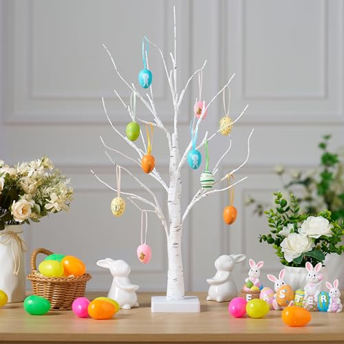 JOYIN Easter Table Tree with Lights, 60cm White Tree Decorations with 10 Various Eggs, Twig Lights for Easter Egg Decorations Home Gifts