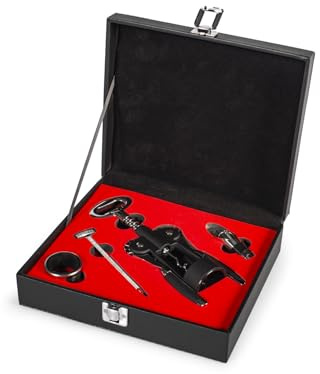 H&H Sommelier-Set aus PVC, Kunstleder, Schwarz, 5-teiliges Set mit Doppelhebel-Korkenzieher, Ausgießer, Tropfring und Thermometer – elegante Geschenkidee für Weinliebhaber