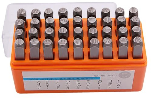 Wodsty Lot de 36 outils de poinçonnage en acier au chrome vanadium avec lettres de A à Z, chiffres de 0 à 8 et symbole pour bijoux, métal, bois et cuir