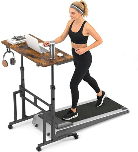 ikkle Höhenverstellbarer Stehschreibtisch auf Rollen, 87x40 cm, Retro-Braun | Höhenverstellbar Beistelltisch für Laufband, Rollentrainer oder Walking Pad, Klein Stehpult Laptop Tish für Heim Büro