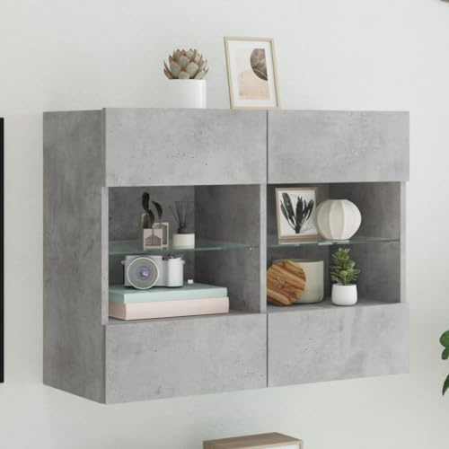 OHOOWOO Meuble TV mural avec lumières LED gris béton 78 bancs TV