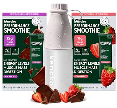 kencko Mezcla de Smoothie Proteico Instantáneo | Fresa y Chocolate | bebida en polvo de superalimentos de frutas y verduras liofilizadas | vegano, sin lácteos | pack de 8 con botella