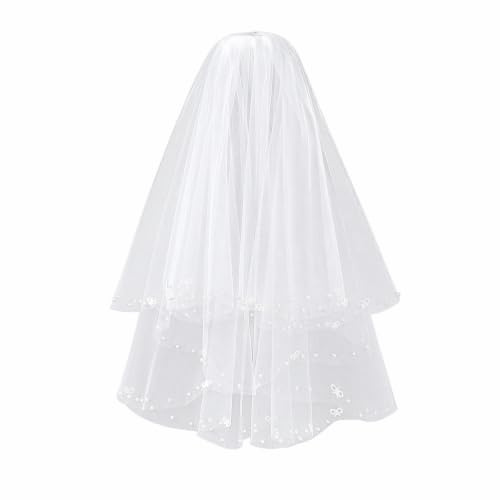 Voxlara Brautschleier Kurz 60cm Weiß mit Kamm & Perlen | Weicher, fließender Tüll, Für Hochzeit, JGA & Fotoshooting, Elegant & Leicht als Accessoire