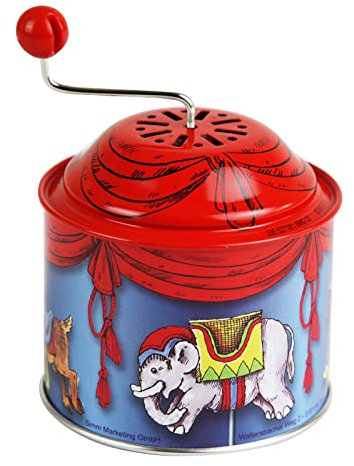 Bolz 52764 Musikdrehdose Karussell, Musikdose ca. 10,5 x 7,5 cm, Blechdrehdose mit Melodie Der Frühling, Drehdose aus Metall, Drehorgel für Kinder ab 18 Monate, Orgel mit Tier Motiv, bunt