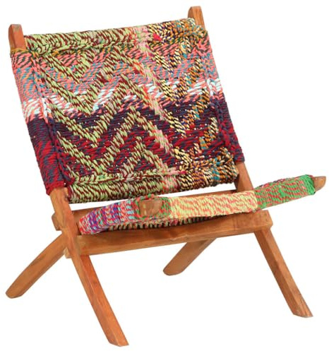 vidaXL Multicoloured Striped Folding Chindi Chair - Ergonomic Fabric Seat with Solid Acacia Wood Frame, Ideal for Living Room, Bedroom and Outdoor Use