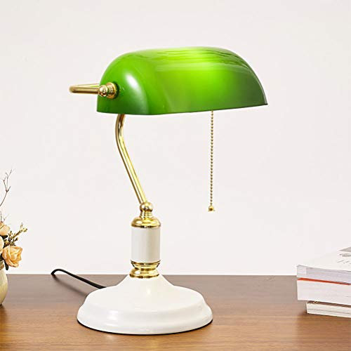 Ancien millésime Lampe de banquier blanc Lampe de table avec interrupteur Lampe de lecture de table Abat-jour en verre vert réglable, Lampe de bureau classique E27 Lampe de bibliothèque bureau lecture