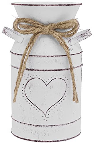 Soyizom Vintage Metal Flower Bucket With Heart-Shape, Farmhouse Decor Vase With Handle, French White Galvanized Finish Milk Can, Shabby Chic Metal Flower Jug for Rustic Home Decoration