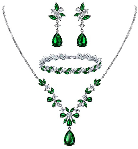Clearine Hochzeit Zirkonia Schmuckset für Braut Brautjungfern Kristall Tropfen Anhänger Halskette, Tennis Armband und Kronleuchter Blatt Baumeln Ohrringe für Damen Smaragd-Grün Silber-Ton