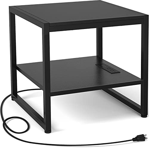 Homieasy End Table with Charging Station, 20 Mini Fridge Stand with Power Outlets, Heavy Duty Side Table for Living Room, Small Table Stand & Fridge Table, Black