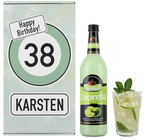 Herz & Heim® personalisiertes Geschenkset mit Caipirinha, graviertem Cocktailglas und Geschenkverpackung, Motivauswahl (Happy Birthday Green)