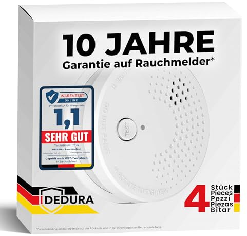 Rauchmelder 4er Set mit 10 Jahre Garantie BSI Zertifiziert nach DIN EN14604 inkl. 9V Batterie Rauchwarnmelder Brandmelder Feuermelder