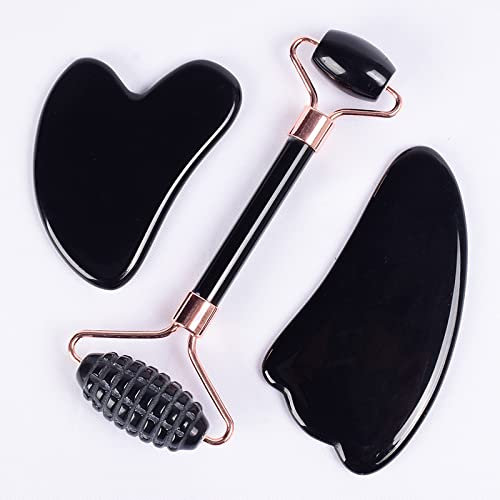 IDGTTLDF Jade-Sägezahn-Gesichtsroller, GuaSha-Werkzeug-Set, natürlicher schwarzer Obsidian-Kristallstein, 3-teiliger Sägezahn Voller Textur