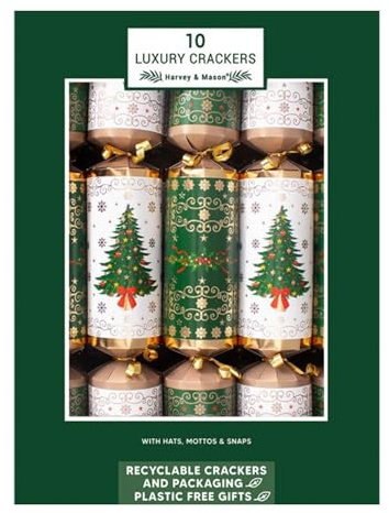 Harvey & Mason Knallbonbons für Weihnachten, Kunststoff, frei und recycelbar, 36 cm, enthält Hut, Geschenk und Motto, Grün, Weiß, Baum und Kranz, 10 Stück