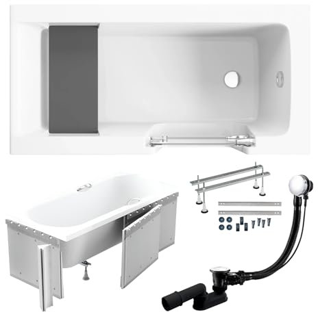 BADLAND Premium SET 6in1 Badewanne Rechteck Acryl Weiß Wanne, Seniorenbadewanne mit Glastür und Holzsitz AVO 140x70 cm, Rechts mit Styroporverkleidung, Made in EU, mit Ablaufgarnitur und Füßen