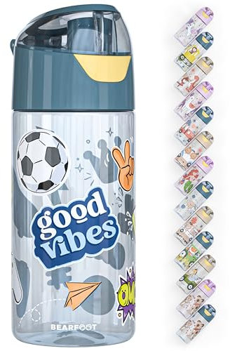 BEARFOOT Trinkflasche Kinder 450ml, leichte Tritan Wasserflasche, BPA frei, auslaufsicher, Kohlensäure geeignet, spülmaschinenfest für Jungen, Mädchen, Kleinkind (Blau - Sticker)