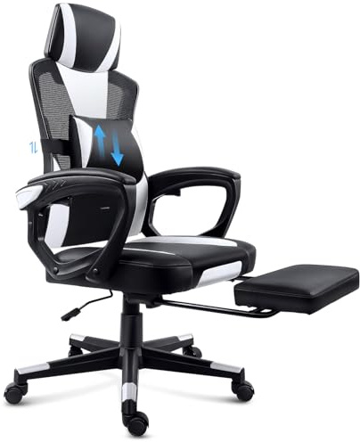 GGCIR Kontorsstol med Fotstöd, Gaming Chair med Lutningsfunktion, Gaming Stol med Avtagbar Och Ländstöd Kan Belastas Upp Till 150 kg Usterbar i Höjdled Svartvit