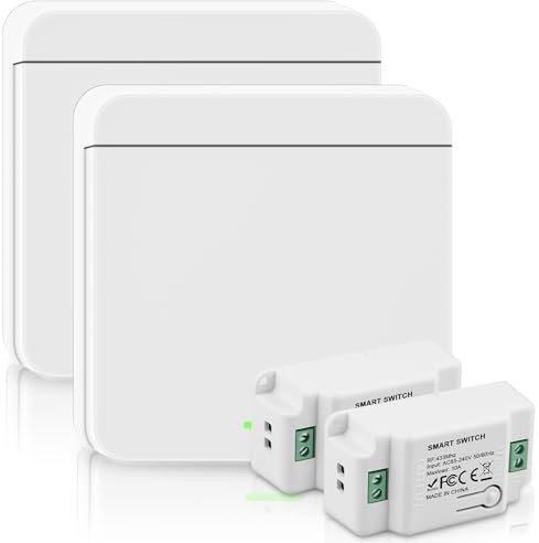 Lot de 2 interrupteurs sans fil 230 V 10 A - Avec contrôle du récepteur - Interrupteur mural sans fil jusqu'à 50 m de portée - Interrupteur sans fil 200-2000 W - Pas de câblage nécessaire