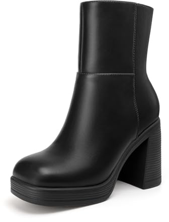 Athlefit Women's Platform Ankle Boots High Chunky Block Heel Black Boots Fashion Square Toe Zipper Heeled Booties Size 5.5