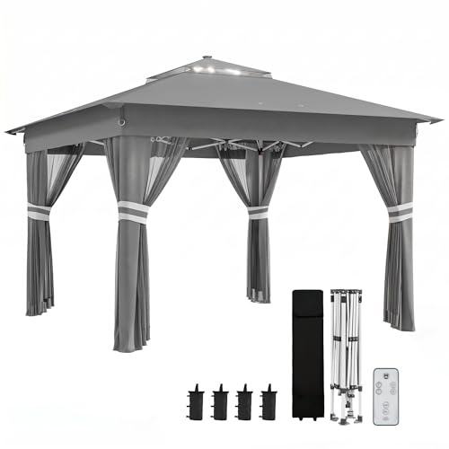 Outsunny Carpa Plegable 3x3 m Cenador de Jardín con Luces LED Solares Techo Doble 4 Mosquiteras Altura Regulable Control Remoto y Bolsa de Transporte para Terraza Patio Fiestas Gris Oscuro
