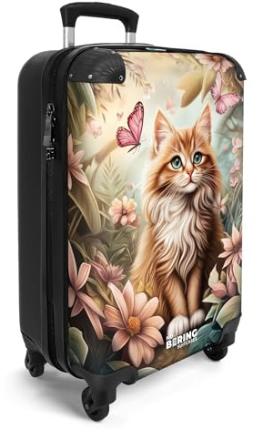 NoBoringSuitcases© Handgepäckskoffer Kinder Reisekoffer Kinderkoffer 4 | 55x35x20 cm - Rollen Leicht Koffer Cabin Trolley Hartschalenkoffer Kind Katze - Blumenfeld - Schmetterlinge - Rosa