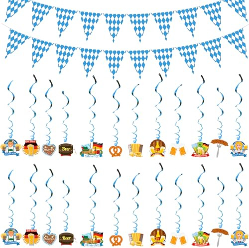 Oktoberfest Deko, 24 Stück Spirale Hängende Dekoration und 2 Wimpelketten, Bayrische Deko für Party, Haus und Garten, Oktoberfest Accessoires