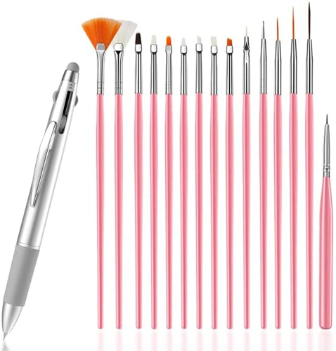16 Pcs Pinceles Para Uñas, 15 Pinceles Uñas y 5 en 1 Punzones para gel UV, diseño de uñas, Doble Dotting Punta para Puntos, Gemas, Degradados, Polvo de Cromo