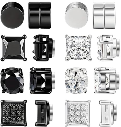 Magnetic Earrings 8 Pairs for Men & Women, Non-Pierced Black Silver Studs, Comfortable Fake Earrings Without Piercing, Versatile Magnetic Nose Stud Alternative, Stylish & Easy Wear