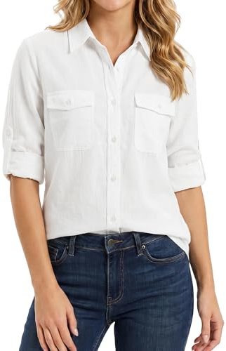 Enmain Camisa Blanco Mujer Manga Larga Camisa de Lino con Botones y Mangas Remangables Blusa Casual con 2 Bolsillos para Verano y Playa XXL