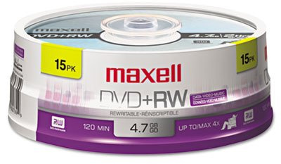DVD+RW Discs, 4.7GB, 4x, Spindle, Silver, 15/Pack