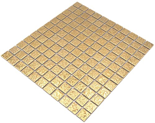 Mosaik Fliese Keramik gold gehämmert für WAND KÜCHE FLIESENSPIEGEL THEKENVERKLEIDUNG, Mattengröße: 330x302 = 0,10 qm, Steingröße: 25x25x6mm - 1 Matte