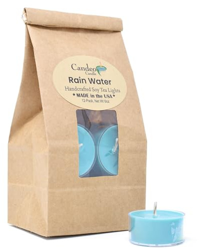 Rain Water Scented - Soy Tealight Candles, 12 Pack - Highly Scented - Handmade in The USA - Candeo Candle - Summer Scents