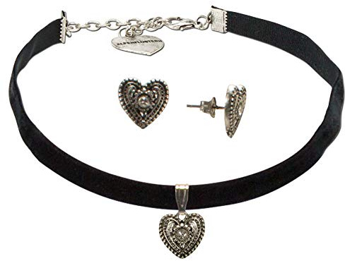 Alpenflüstern Trachtenschmuck-Set Trachten-Samt-Kropfband und Ohrstecker Trachtenherz - Damen-Trachten-Schmuck, Trachtenset Trachtenkette und Trachten-Ohrringe SET042 (schwarz)